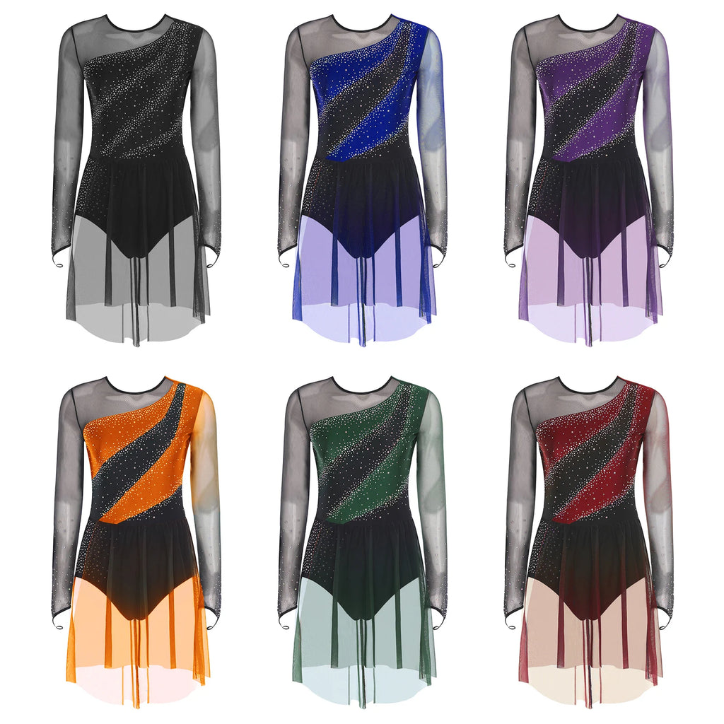 Rhinestone Sequin Leotard Dress | Mesh Long Sleeve | Gradient Skirt | Figure Skating