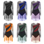 Rhinestone Sequin Leotard Dress | Mesh Long Sleeve | Gradient Skirt | Figure Skating