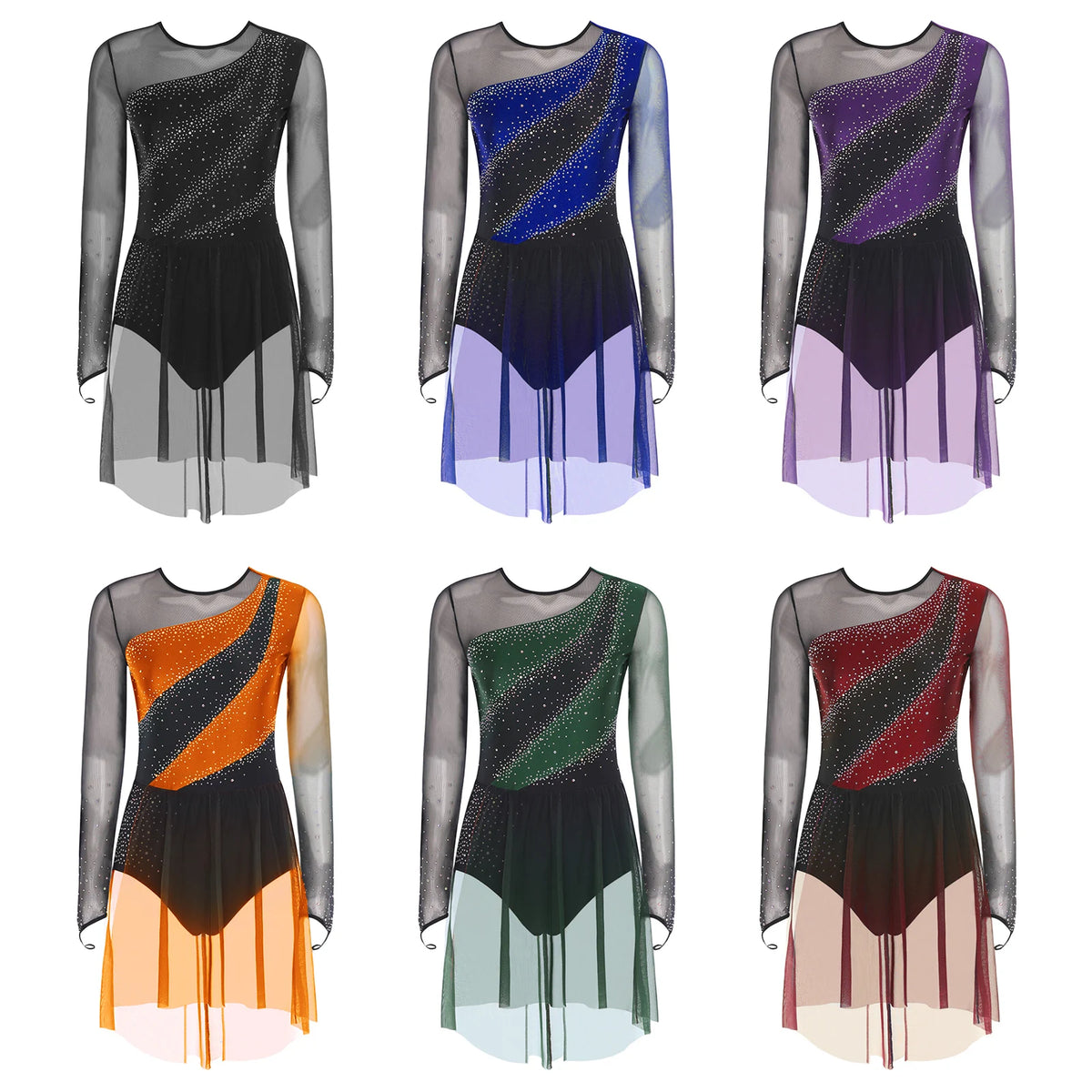 Rhinestone Sequin Leotard Dress | Mesh Long Sleeve | Gradient Skirt | Figure Skating