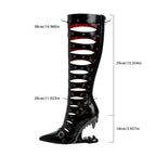 Hollow-Out Knee-High Boots - Patchwork Design with Metal Toe Cap