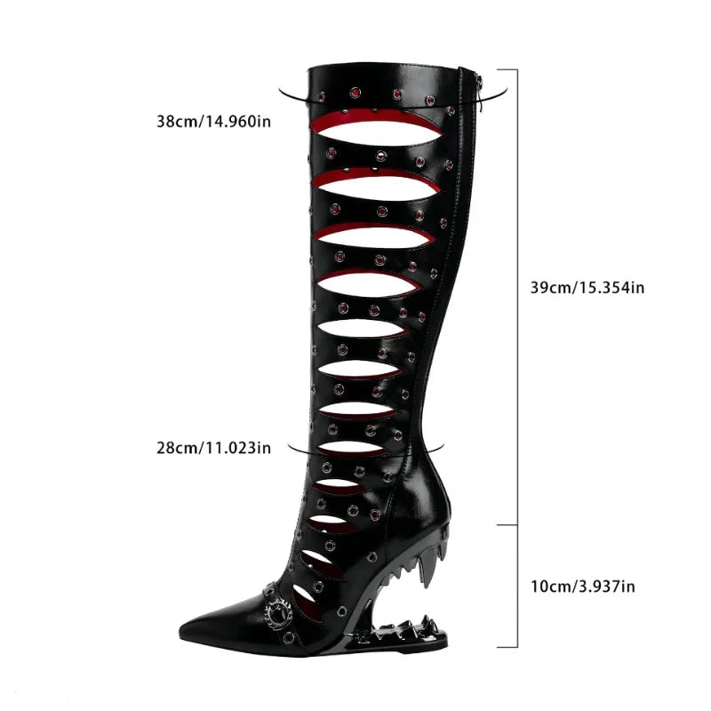 Hollow-Out Knee-High Boots - Patchwork Design with Metal Toe Cap