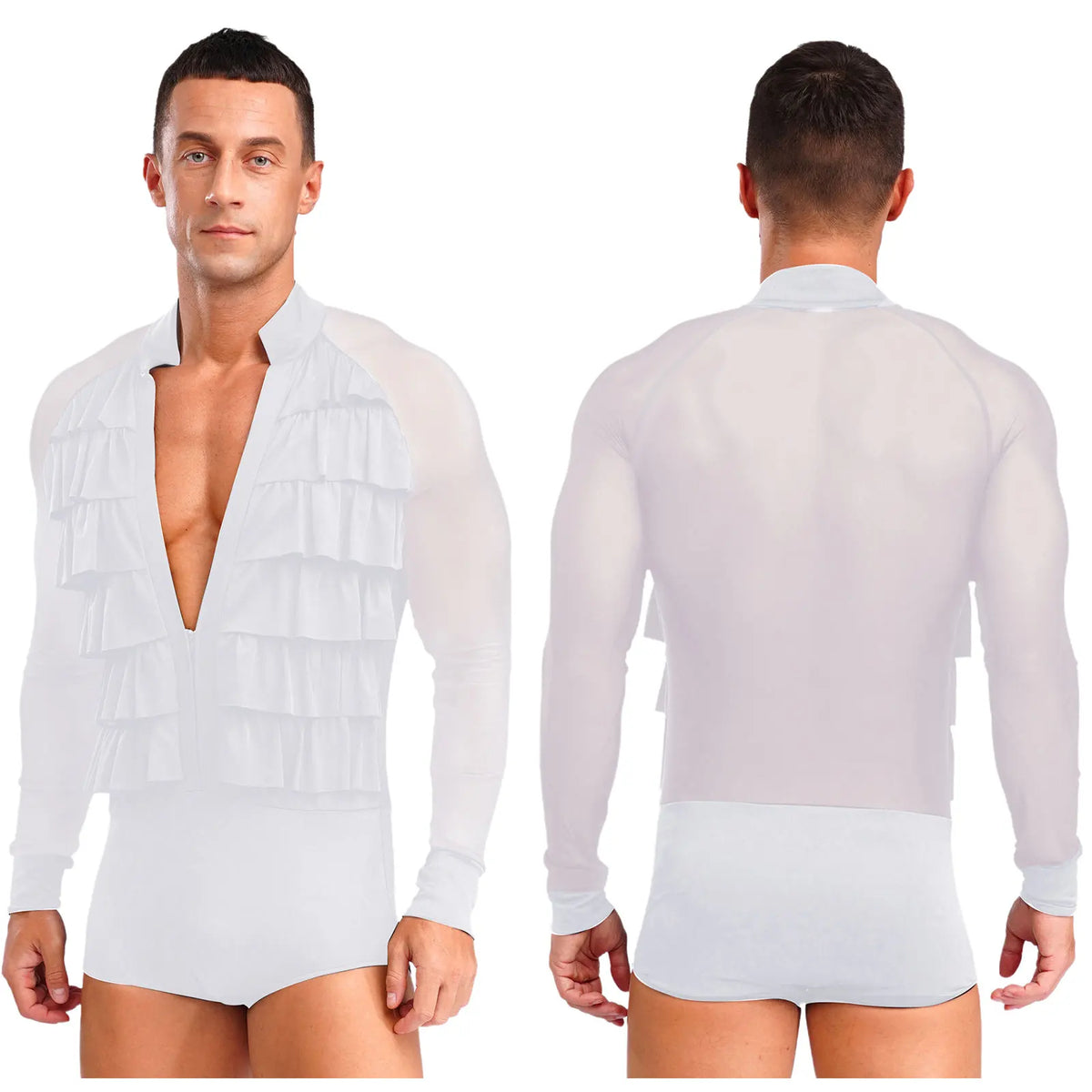 Men's Latin Dance Bodysuit | Mesh Sleeves | Ruffle V-Neck