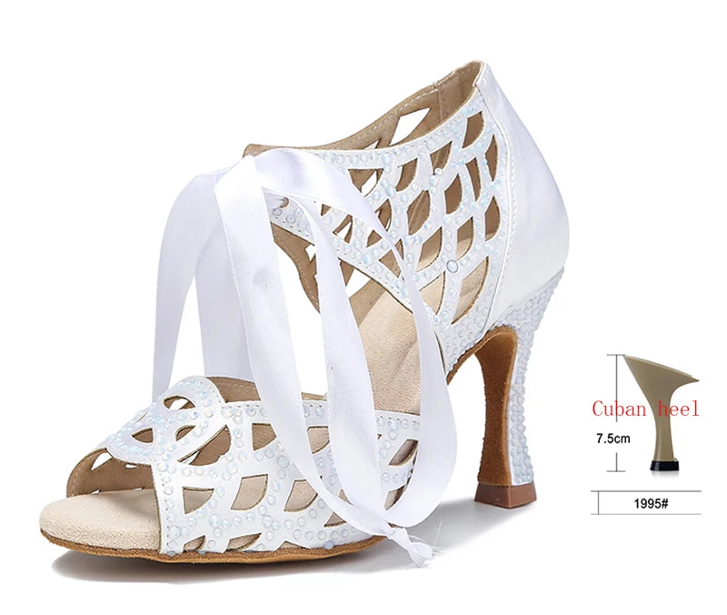 Cut-Out Lace-Up Latin Dance Sandals | Cuban Heel | 6–10cm | White, Black & Nude