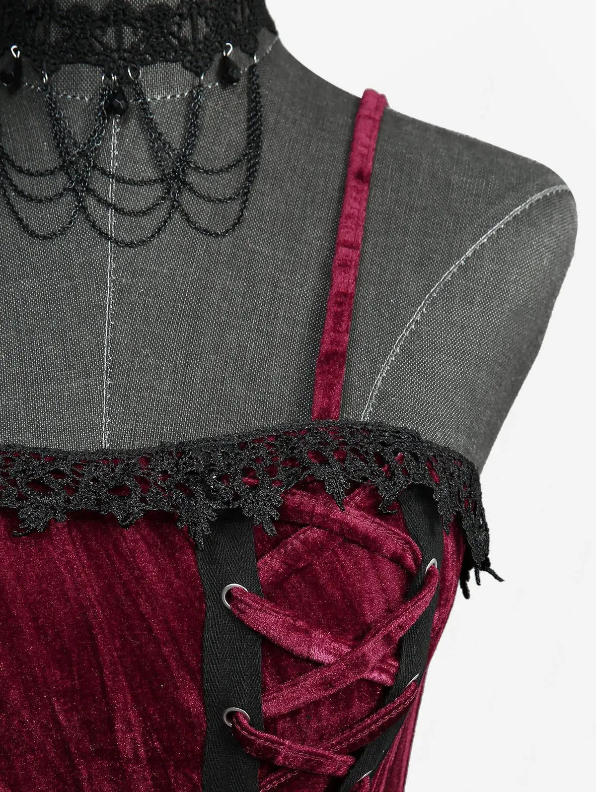 Gothic Ruffle Dress | Lace-Up Layered | Deep Red | S-XXXL