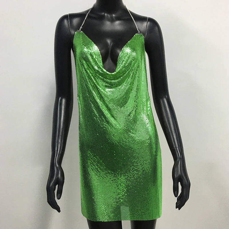 Metal Sequin Halter Mini Dress - Bodycon Party Dress