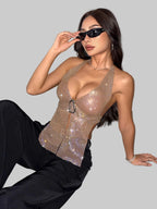 Diamond Fishnet Halter Crop Top - Deep V Backless Camisole