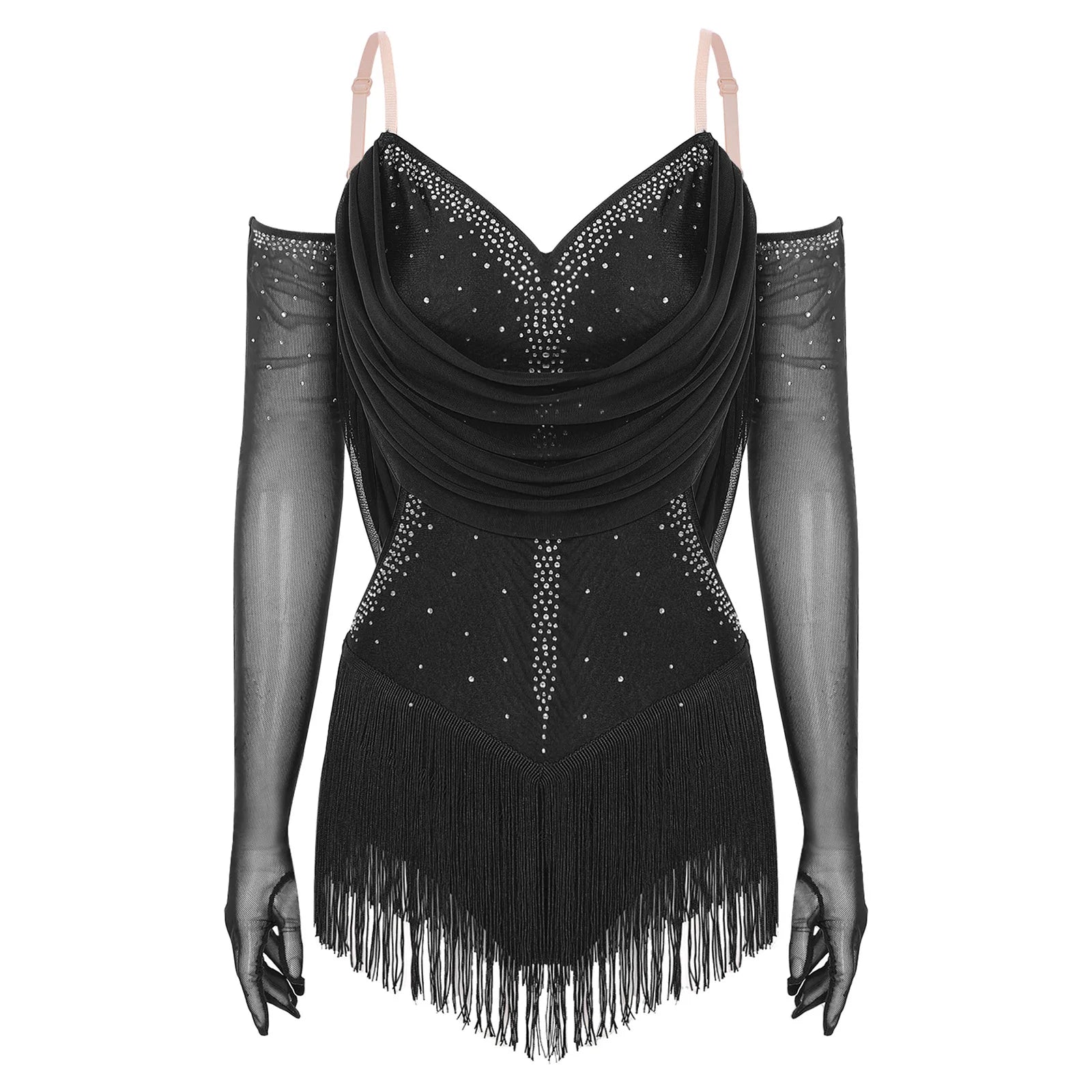 Women's Latin Dance Bodysuit | Fringe & Rhinestone | With Gloves