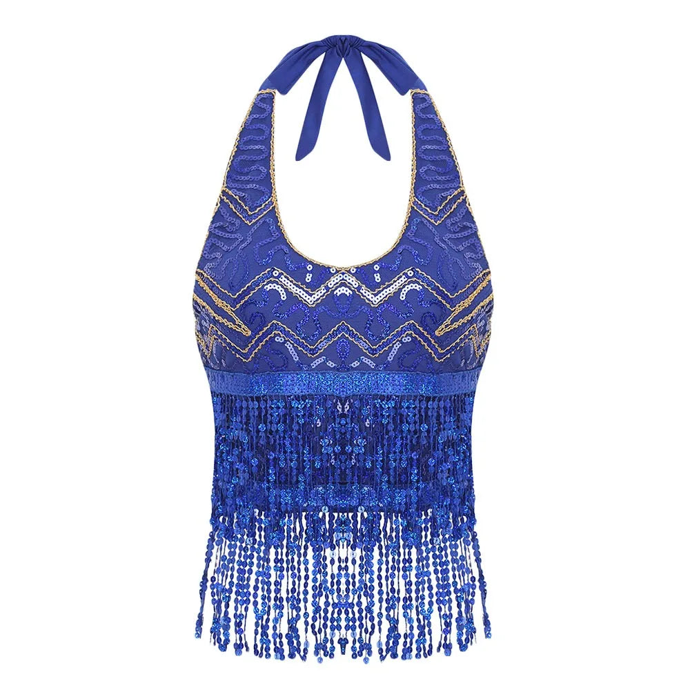 Sequin Fringe Halter Belly Dance Top | Built-In Pads | Festival & Stage | One Size