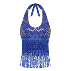 Sequin Fringe Halter Belly Dance Top | Built-In Pads | Festival & Stage | One Size