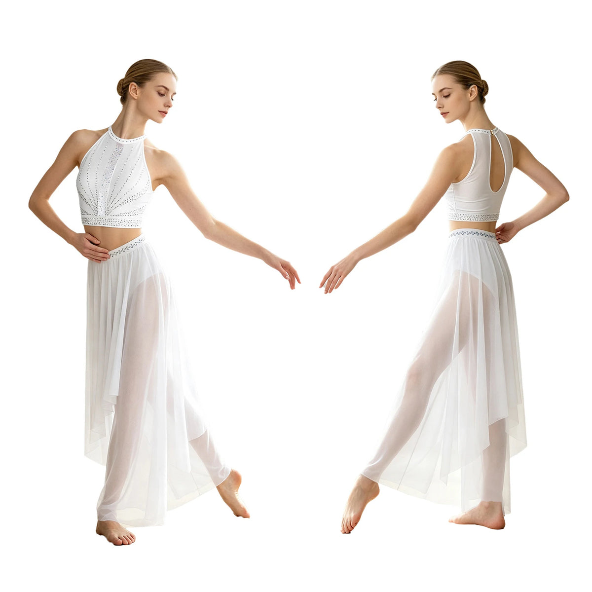 Rhinestone Crop Top & Sheer Pants Set | Lyrical Dance | Built-In Brief