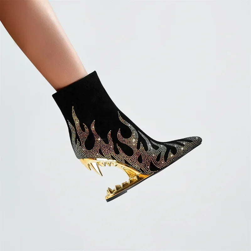 Flame Rhinestone Velvet Ankle Boots - Crystal Wedge Heel Boots