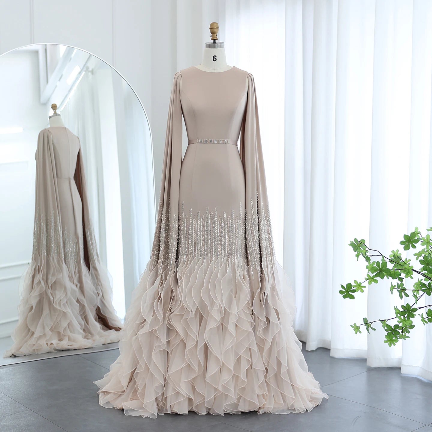 Ruffle Cape Mermaid Gown | Scoop Neck | Nude, White, Burgundy