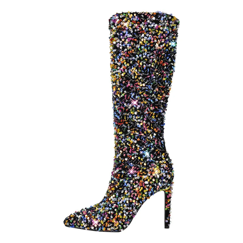Sequin Stiletto Mid-Calf Boots