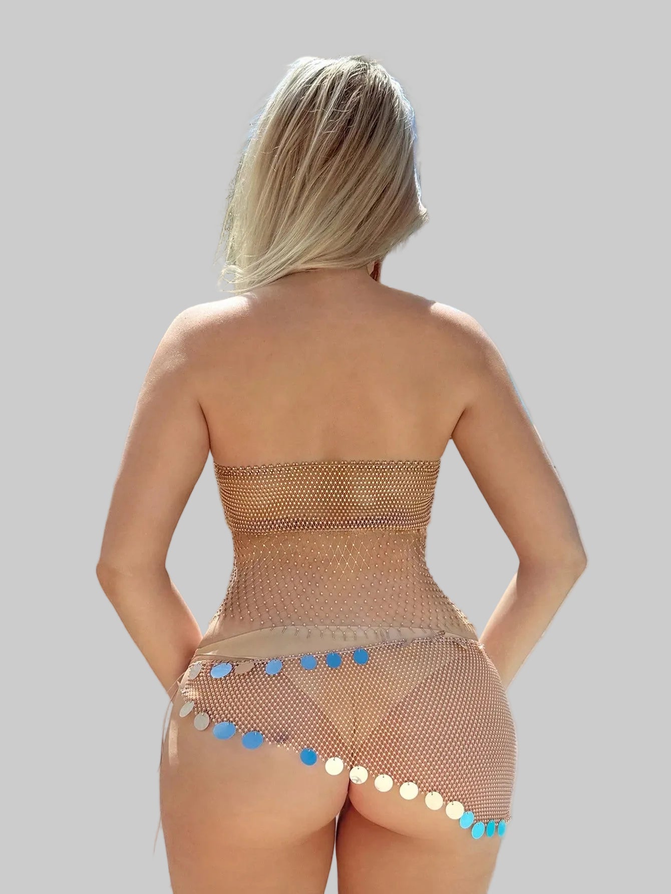 Rhinestone Mesh Mini Skirt with Tassel Fringe - Sheer Fishnet