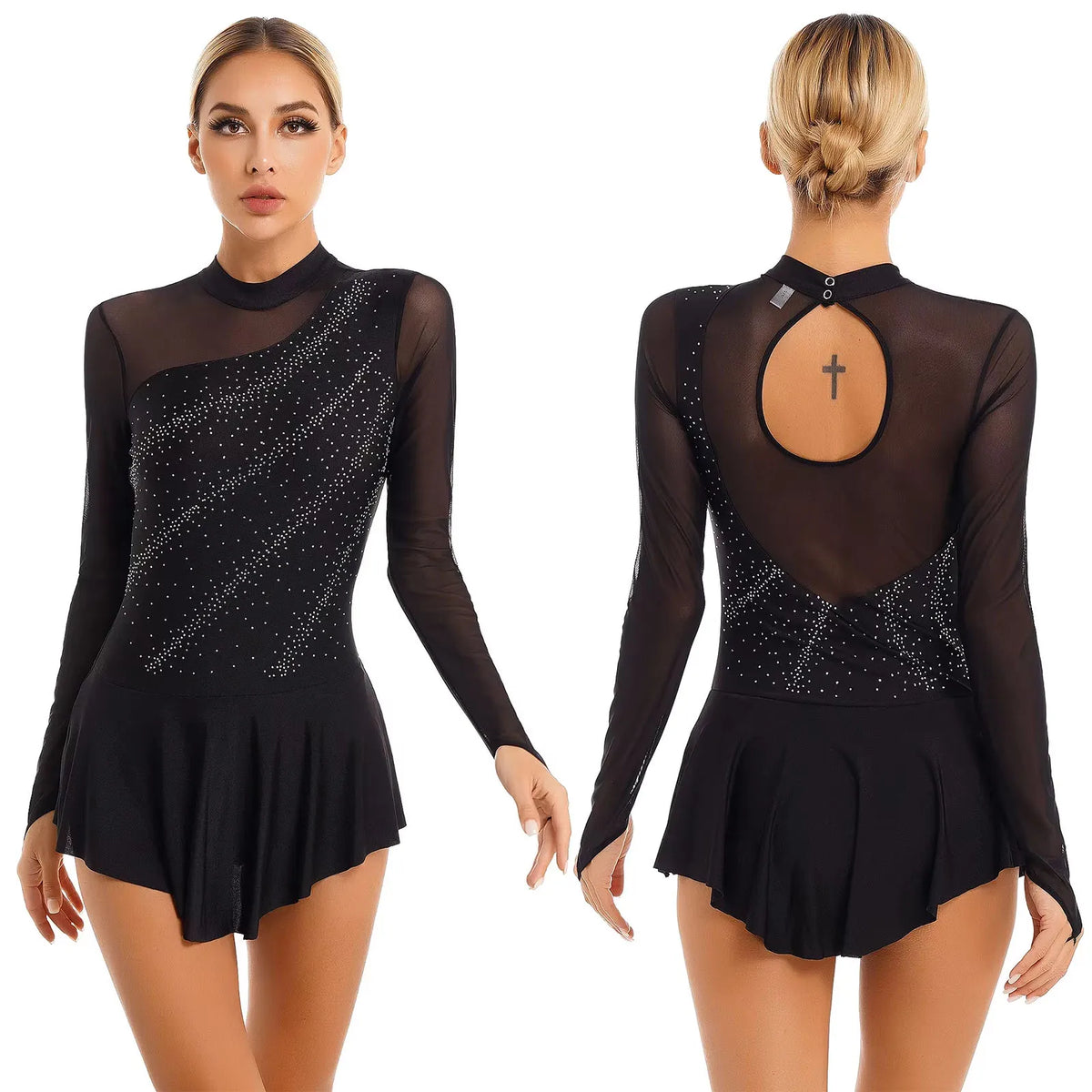 Rhinestone Mesh Skating Dress | Long Sleeve | Backless