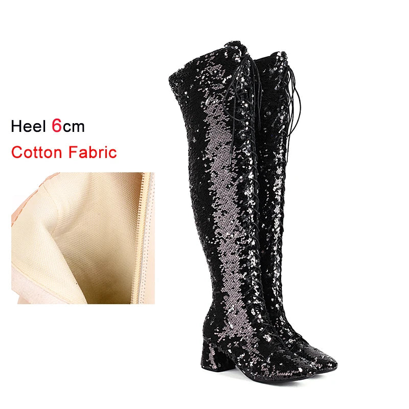 Glitter Sequin Over-the-Knee Boots | Lace-Up | 6cm Block Heel