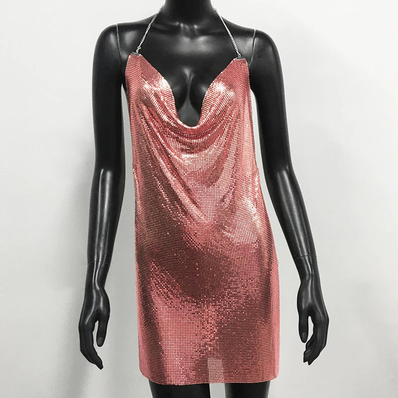 Metal Sequin Halter Mini Dress - Bodycon Party Dress