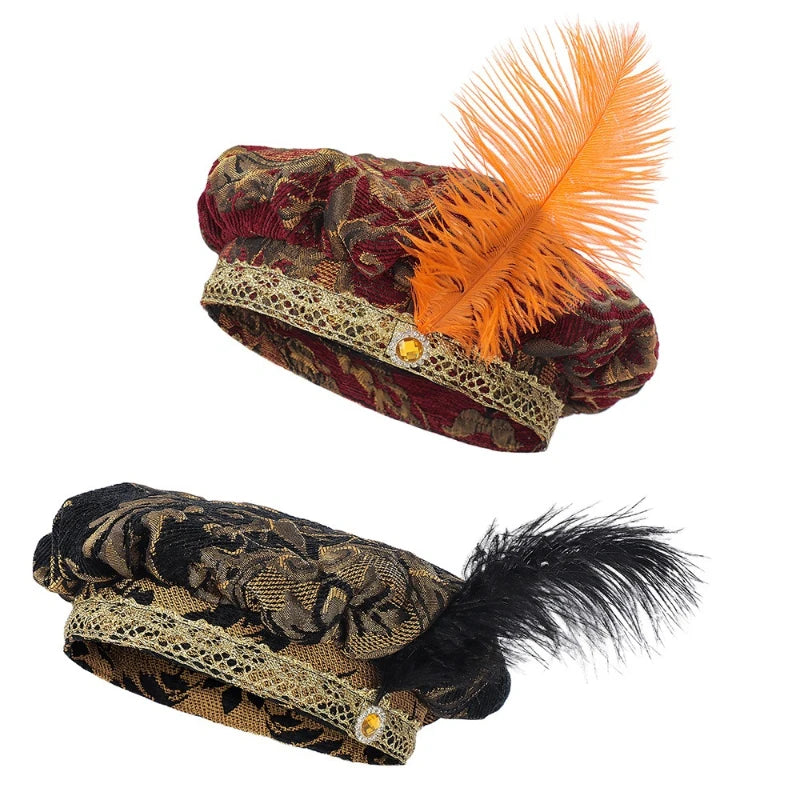 Medieval Feathered Beret Hat | Jacquard Court Cap | Cosplay