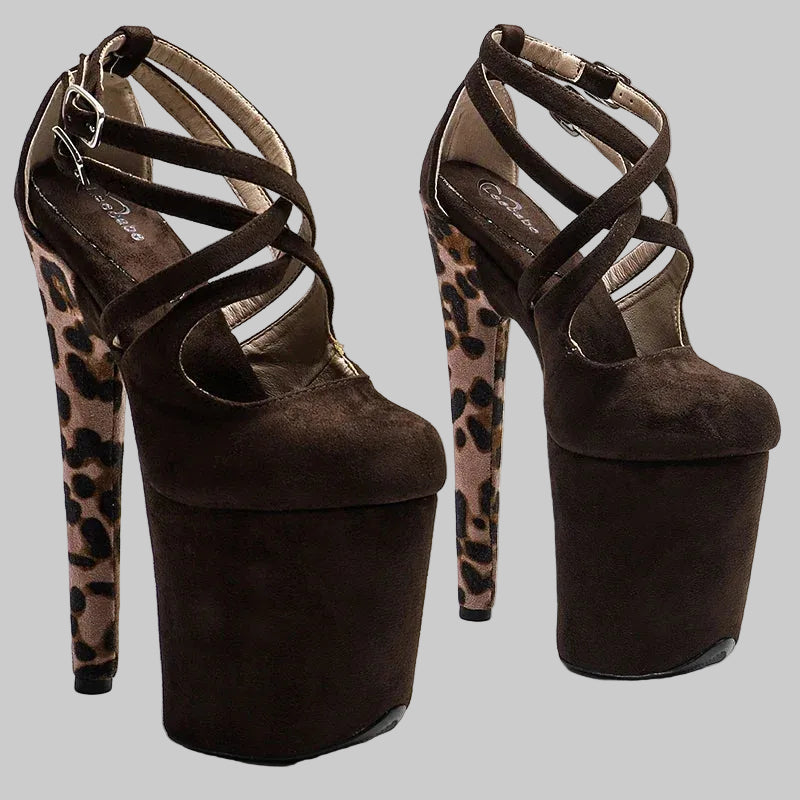20CM Suede Leopard Platform Sandals - Closed Toe 8 Inch High Heel Pole Dance Shoes