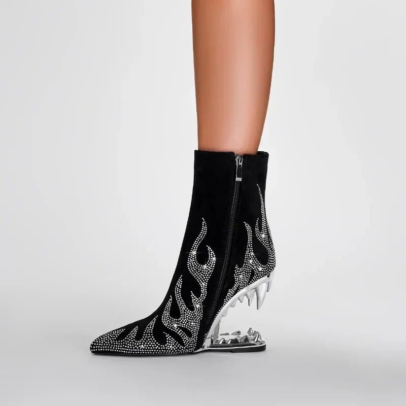 Flame Rhinestone Velvet Ankle Boots - Crystal Wedge Heel Boots