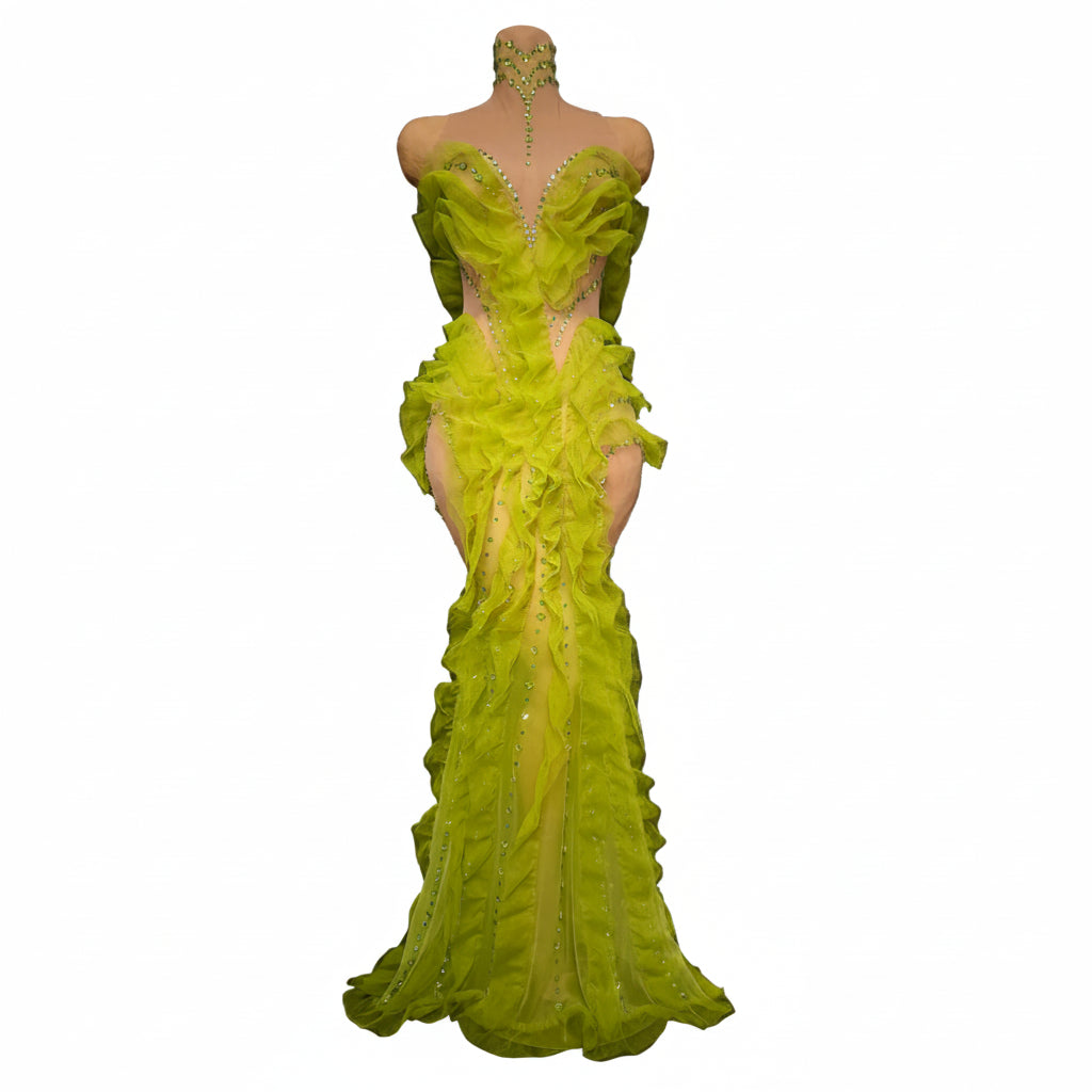 Rhinestone Mesh Ruffle Gown | Floral | Pageant