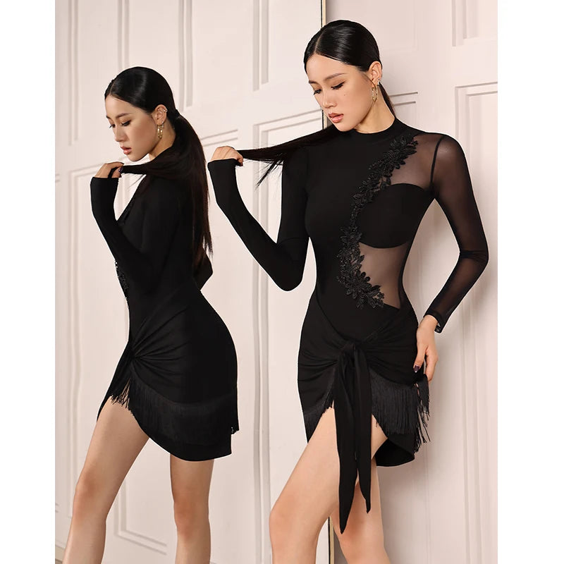 Latin Dance Leotard Top & Tassel Skirt Set