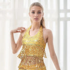 Sequin Fringe Halter Belly Dance Top | Built-In Pads | Festival & Stage | One Size