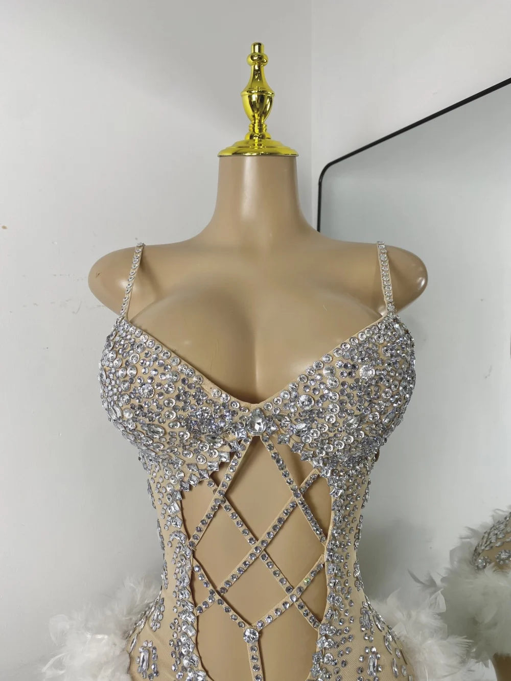 Rhinestone Bodysuit | Feather-Trimmed Hips
