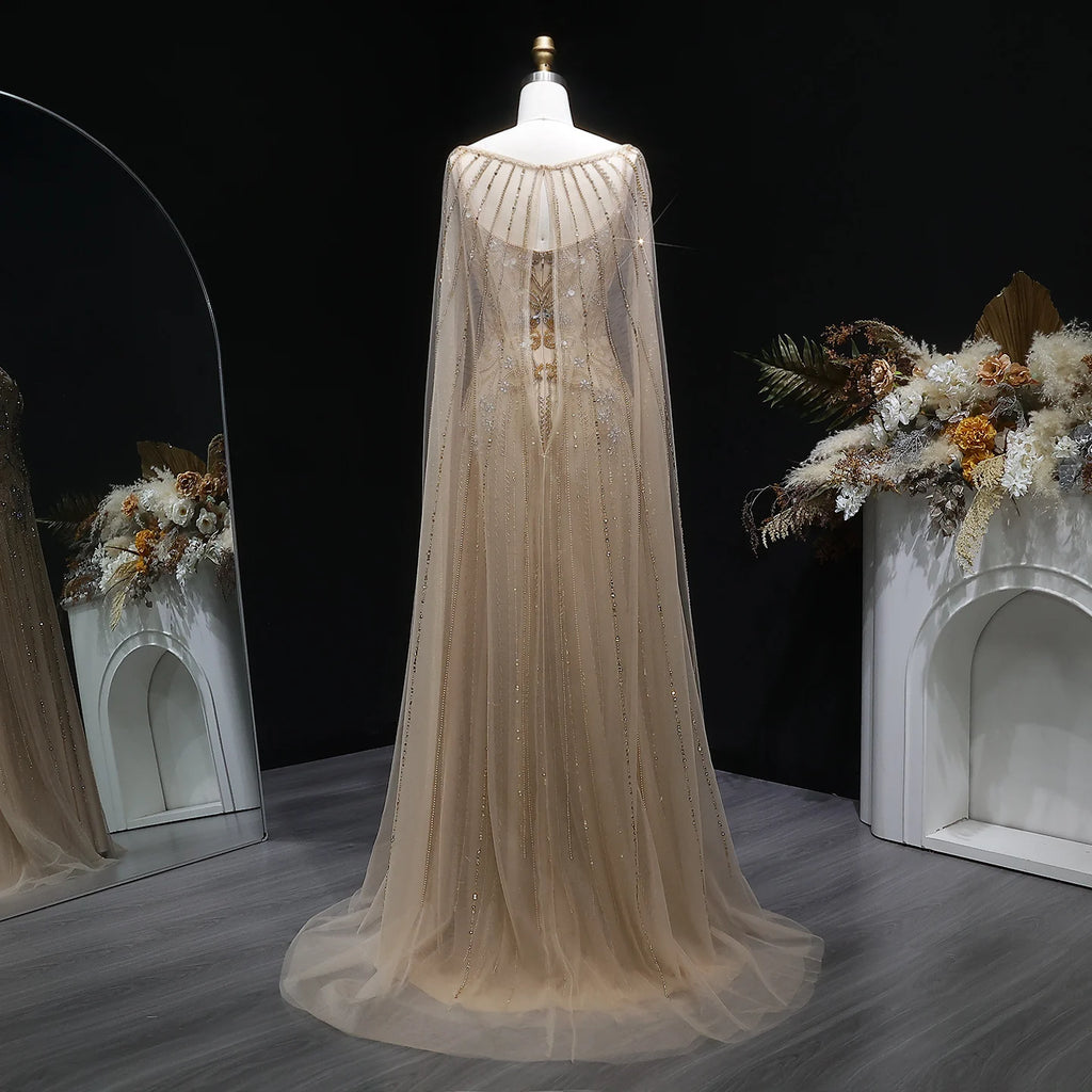 Crystal Beaded Cape Gown | Floral Bodice | Champagne & White