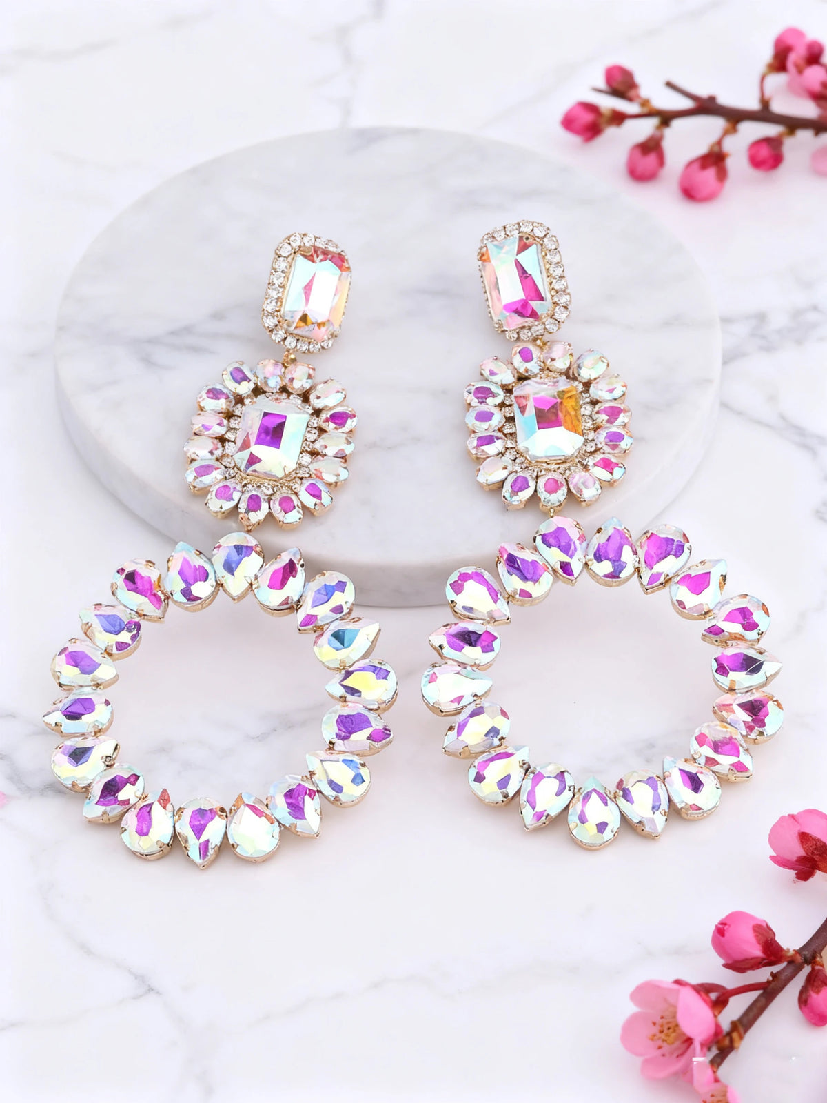 Rhinestone Round Drop Earrings | Clip or Pin
