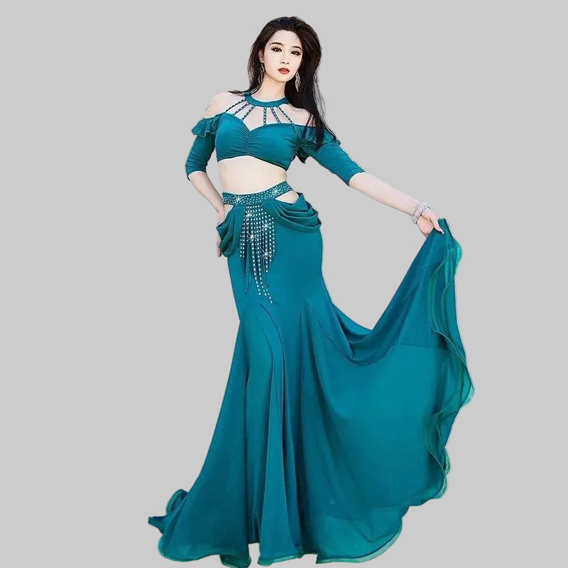 Belly Dance Training Outfit - Fringe Top & Fishtail Skirt 3-Piece Set