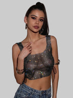 Rhinestone Mesh Fishnet Crop Top - Side Bandage Tank