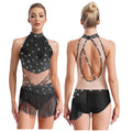 Rhinestone Tassel Leotard | Sleeveless Mock Neck | Cutout Back