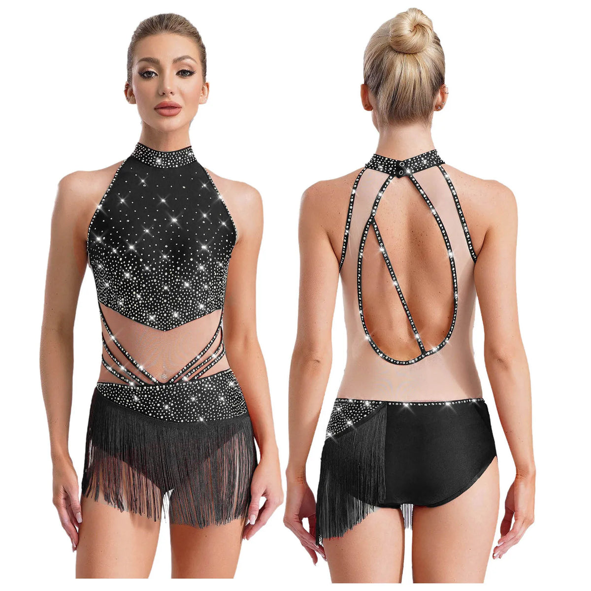 Rhinestone Tassel Leotard | Sleeveless Mock Neck | Cutout Back