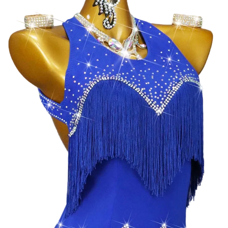 Blue Rhinestone Latin Dance Dress with Tassel Details