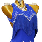 Blue Rhinestone Latin Dance Dress with Tassel Details