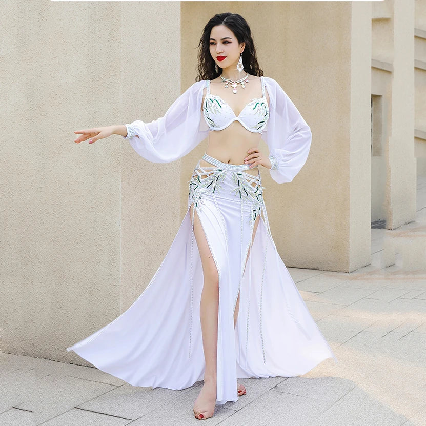 Long Sleeve Belly Dance Costume Set | Bra & Maxi Skirt | White