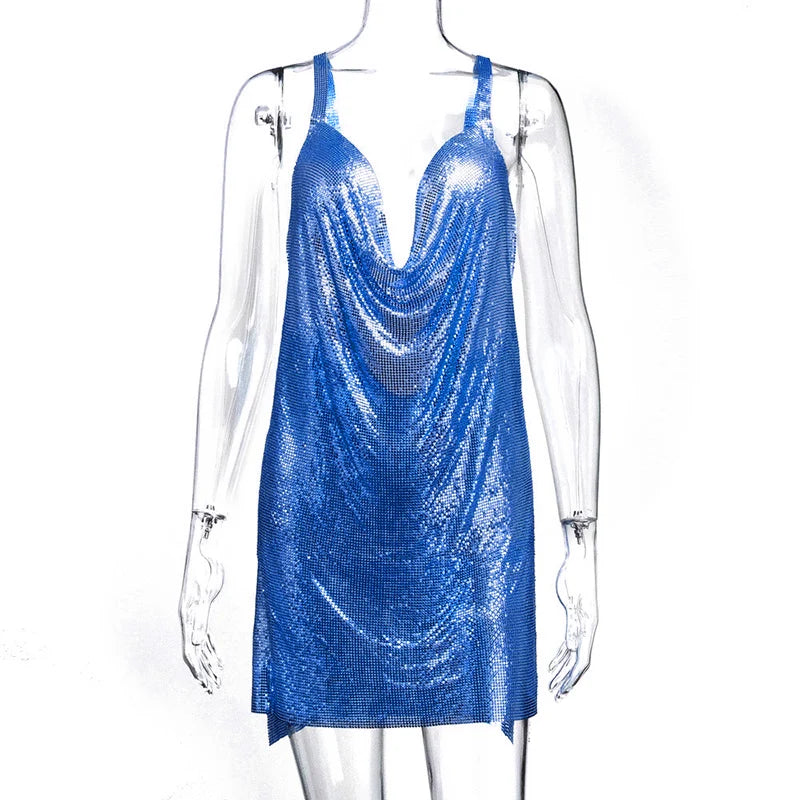 Sparkly Metal Sequin Halter Mini Dress - Backless Side Split Party Dress