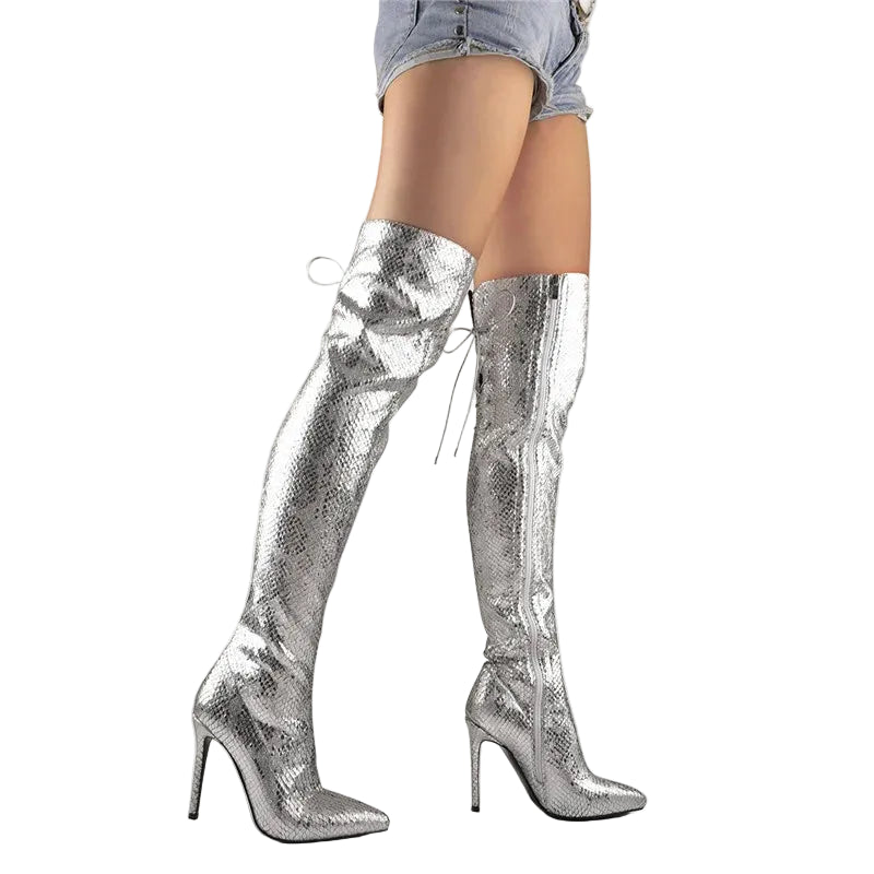 Silver Metallic Over-the-Knee Boots | 11–12 cm Heel