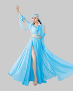 Muwashahat Belly Dance Dress Set - Baladi Satin Gown with Pearl Belt & Veil