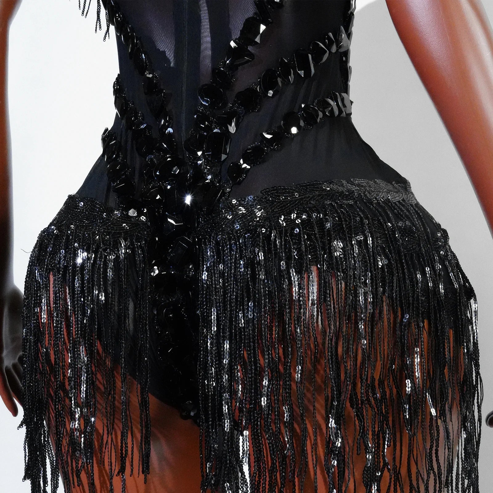 Sexy Mesh Sheer Black Rhinestone Bodysuit