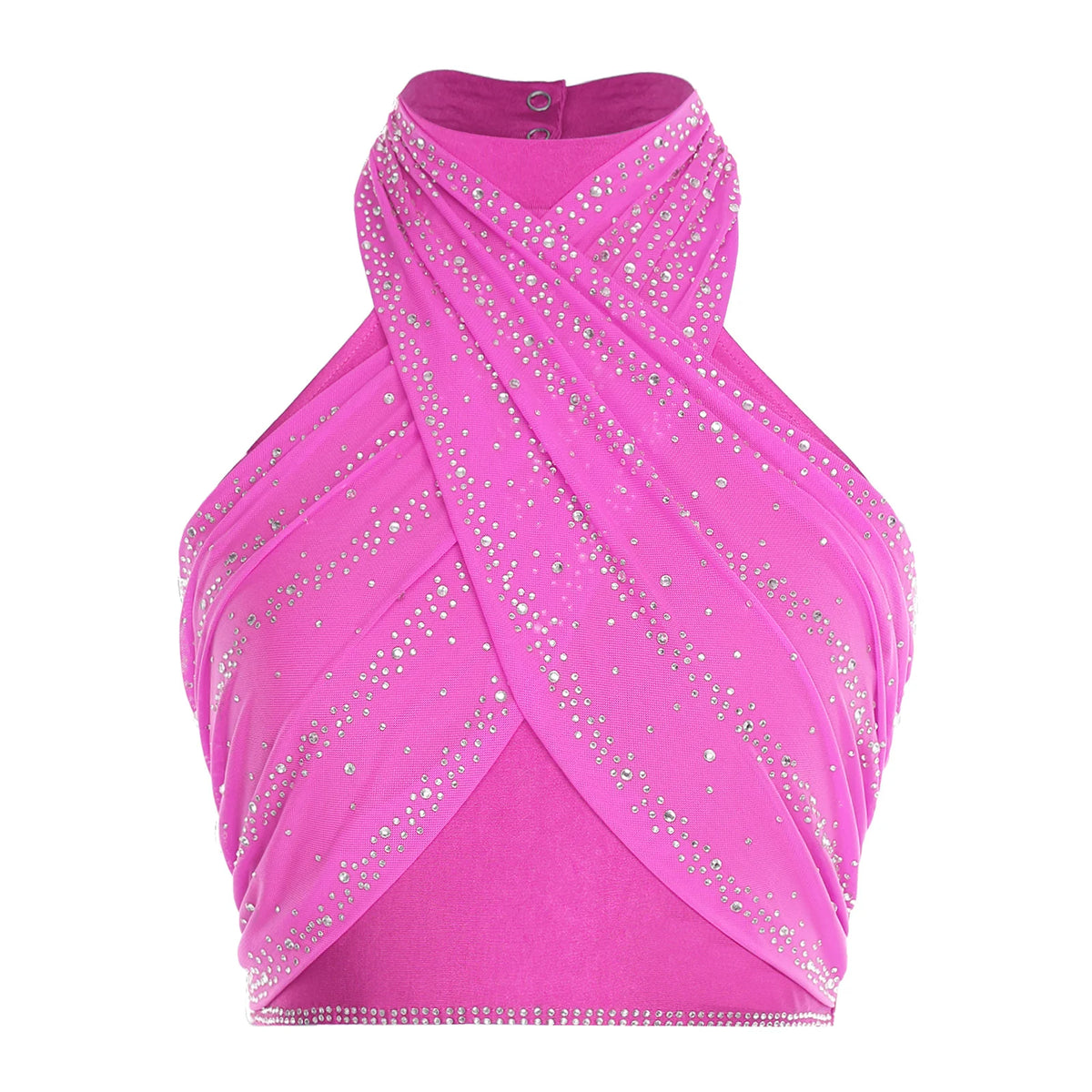 Women's Rhinestone Cross-Halter Dance Crop Top | Backless & Ruched Mesh | Latin & Salsa