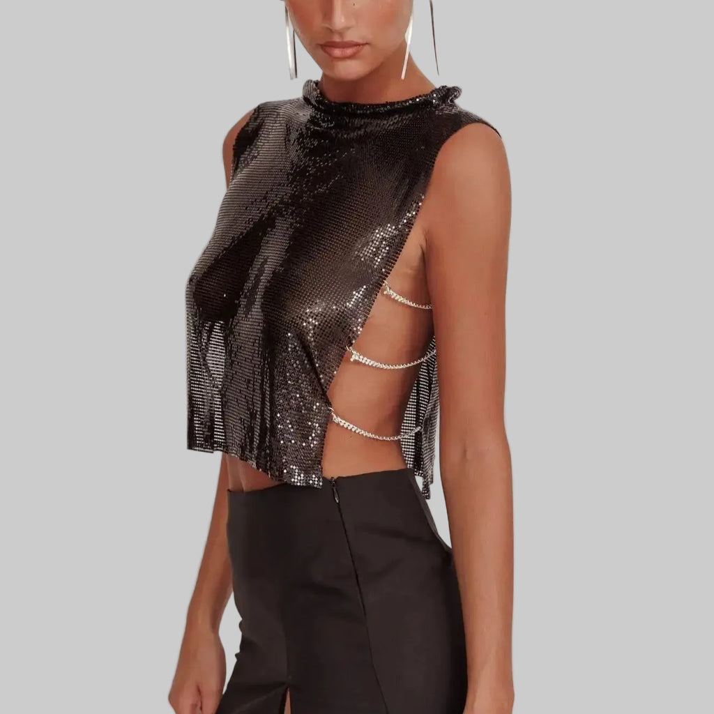 Metal Sequin Backless Crop Top with Rhinestone Chain