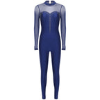 Women's Rhinestone Sheer Mesh Dance Jumpsuit | Mock Neck & Keyhole Back | Figure Skating & Performance