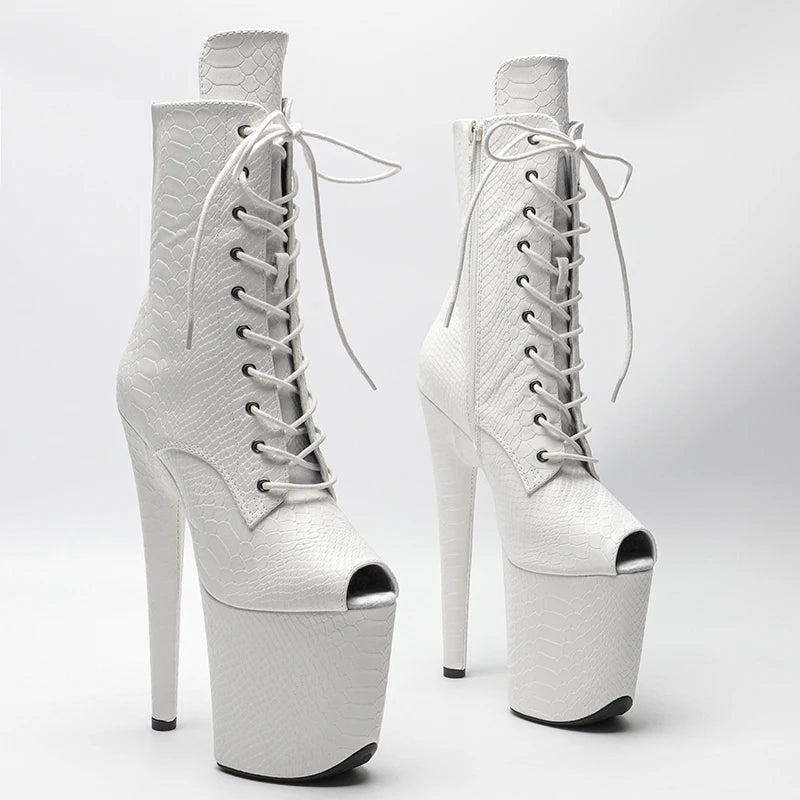 20CM Snakeskin Platform Pole Dance Ankle Boots - 8 Inch High Heel Open Toe Boots