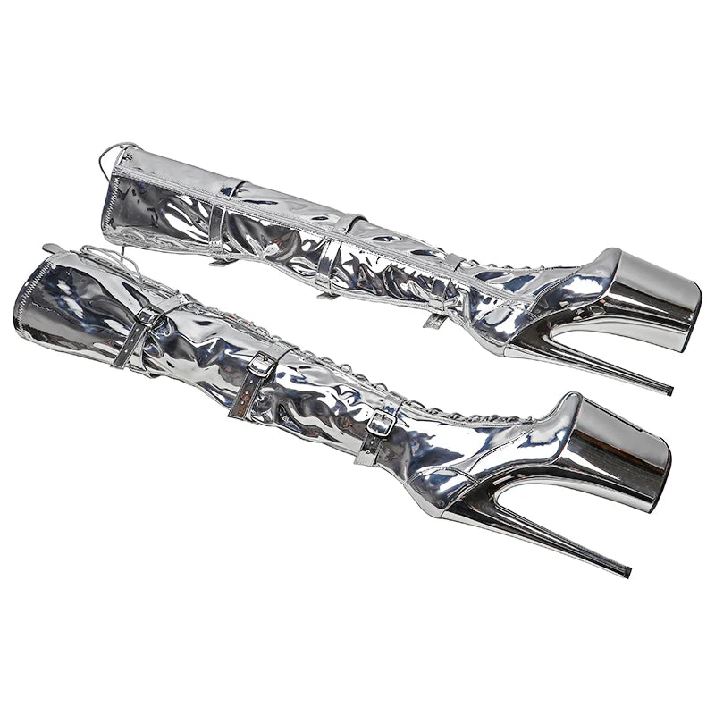 Silver Platform Pole Dance Boots – High Heel Lace-Up Stage Shoes