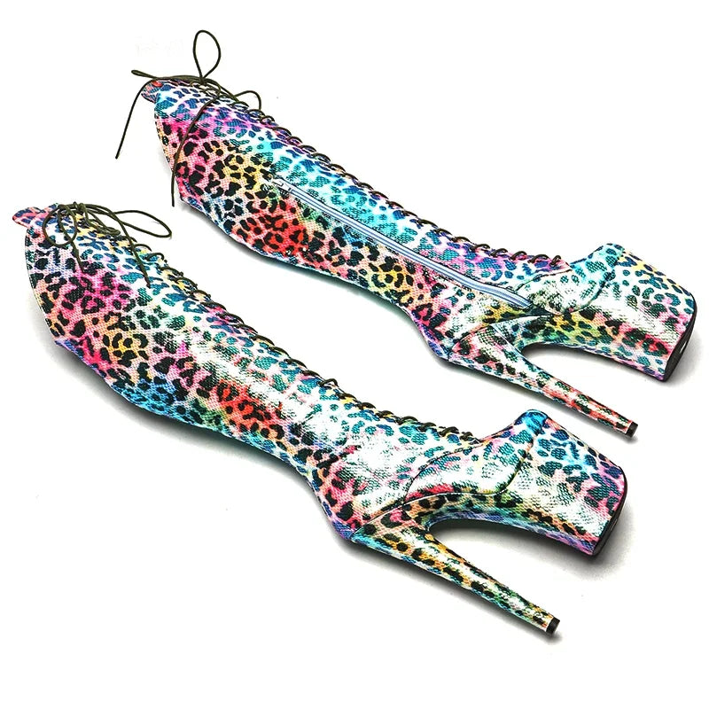 8-Inch Shiny Leopard Platform Boots with Cut-Outs