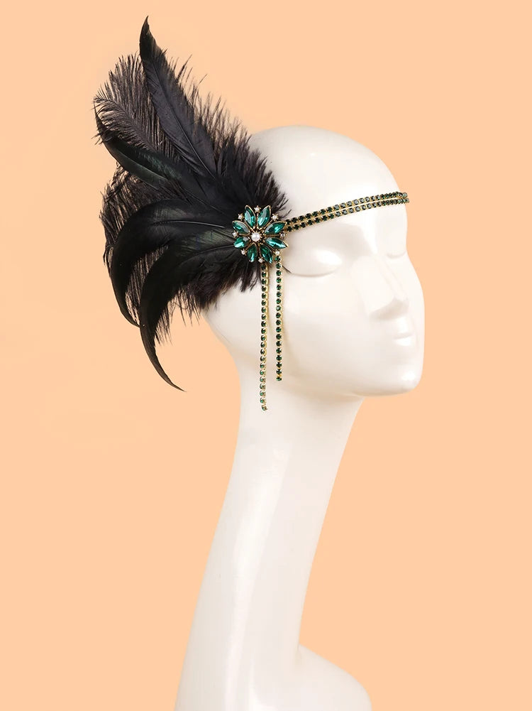 1920s Flapper Feather Headband | Rhinestone & Chain | 3 Colors