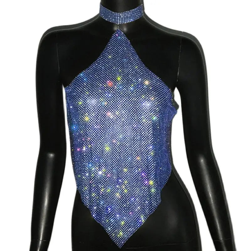 Crystal Rhinestone Halter Mesh Crop Top