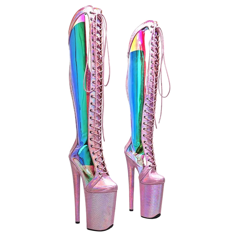 23CM Holographic Platform Pole Dance Boots - Ultra High Heel Snake Print Performance Boots